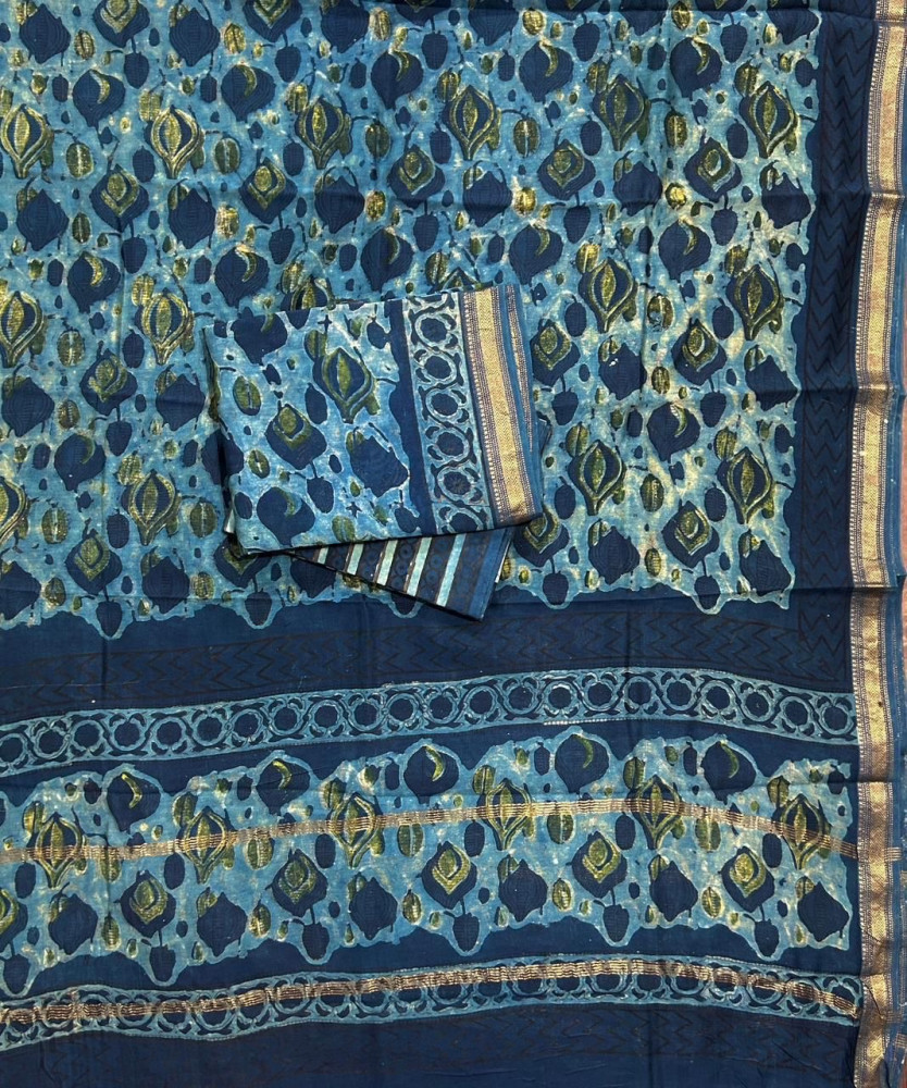 Image of Natural Indigo Green Hand Block Print Maheshwari Silk Suit Set with Dupatta