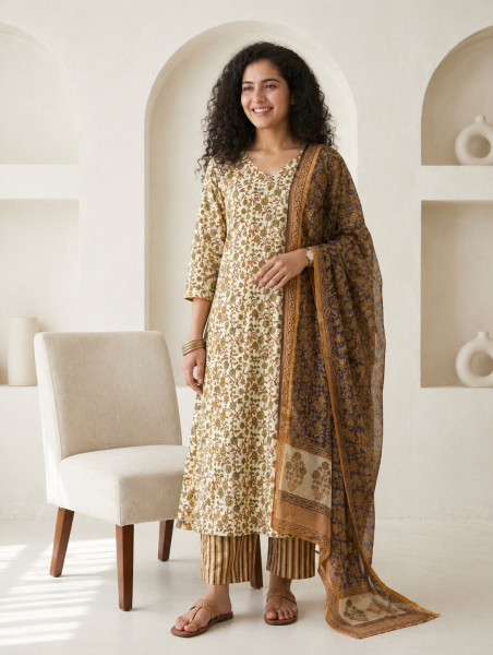 Ajrakh Vanaspati Orange Jaal Cotton Suit Set with Kota Doria Dupatta (3-Piece)