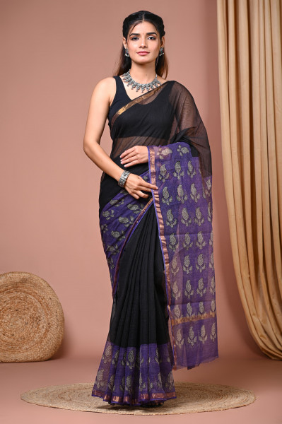 Bagru Putaai Purple Hand Block Printed Cotton Kota Sari with Blouse
