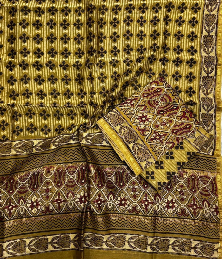Image of Natural Yellow Hand Block Print Maheshwari Silk Suit Set with Dupatta