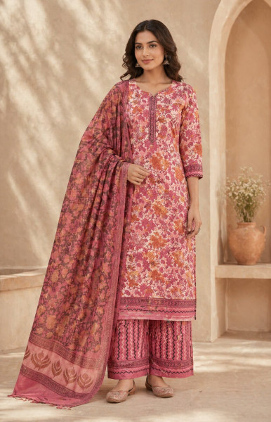 Ajrakh Vanaspati Pink Yellow Jaal Cotton Suit Set with Kota Doria Dupatta (3-Piece)