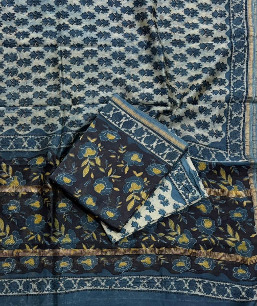 Indigo Floral Hand Block Print Maheshwari Silk Suit Set with Dupatta