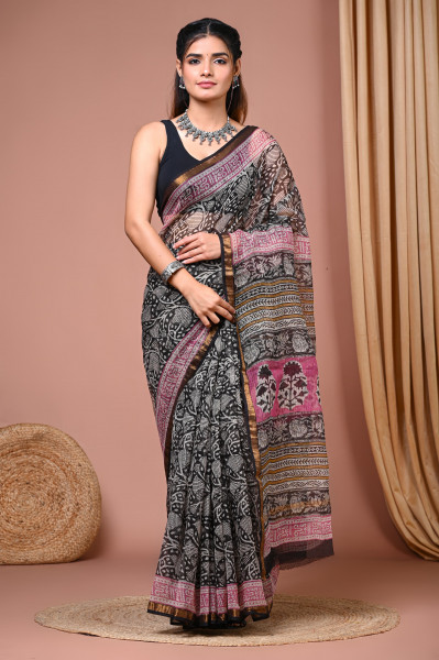 Jaal Hand Block Printed Cotton Kota Sari with Blouse