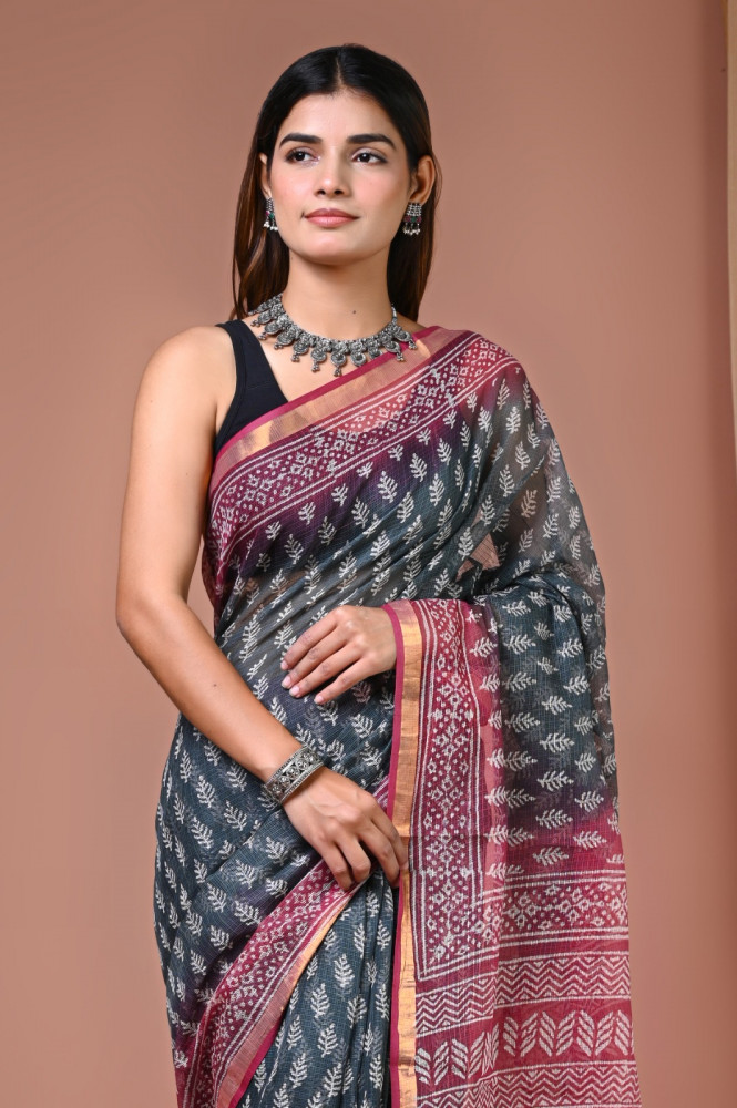 Image of Black n Pink Hand Block Printed Cotton Kota Sari with Blouse