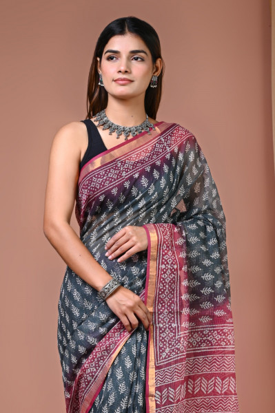 Black n Pink Hand Block Printed Cotton Kota Sari with Blouse