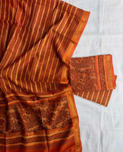 Ajrakh Orange Hand Block Print Maheshwari Silk Suit Set with Dupatta