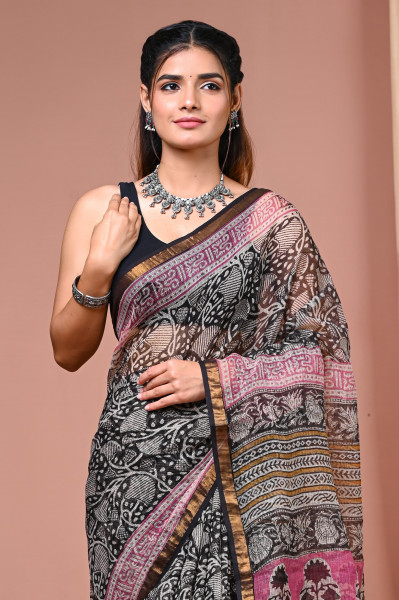 Jaal Hand Block Printed Cotton Kota Sari with Blouse
