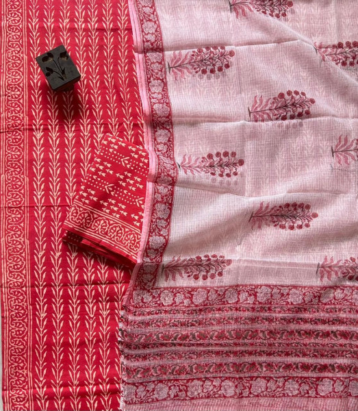 Bright Red Handblock Cotton Suit Set with Buta Paired Kota Doria Dupatta (3-Piece Set)