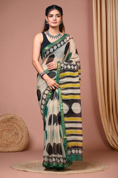 Polka Hand Block Printed Cotton Kota Sari with Blouse