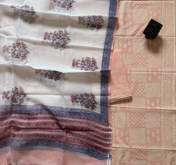 Peach Handblock Cotton Suit Set with Matching Paired Kota Doria Dupatta (3-Piece Set)