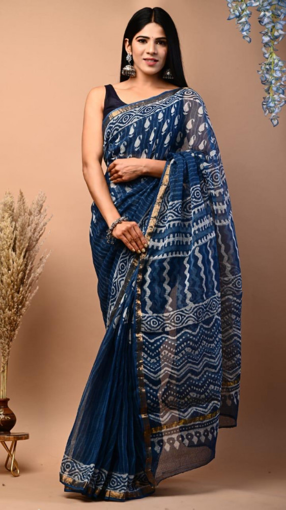 Image of Indigo Dabu Hand Block Printed Cotton Kota Sari with Blouse