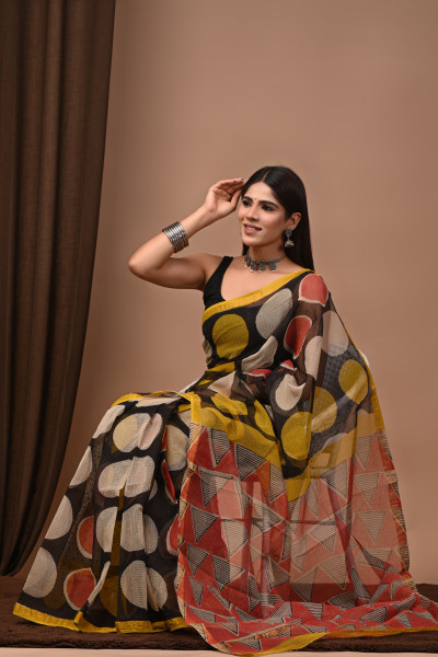 Bagru Polka Hand Block Printed Cotton Kota Sari with Blouse