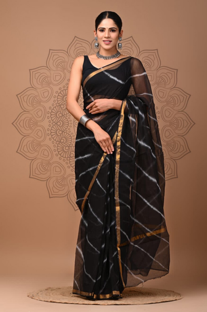 Image of Lehariya Black Hand Block Printed Cotton Kota Sari with Blouse