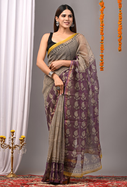 Modern Pallu Purple Hand Block Printed Cotton Kota Sari with Blouse