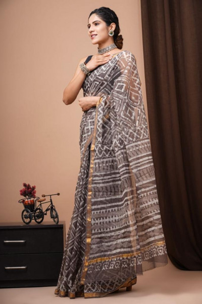 Kashish Dabu Hand Block Printed Cotton Kota Sari with Blouse