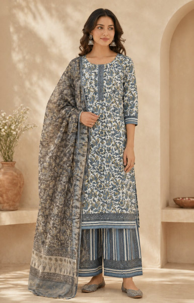 Ajrakh Vanaspati Indigo Jaal Small Cotton Suit Set with Kota Doria Dupatta (3-Piece)