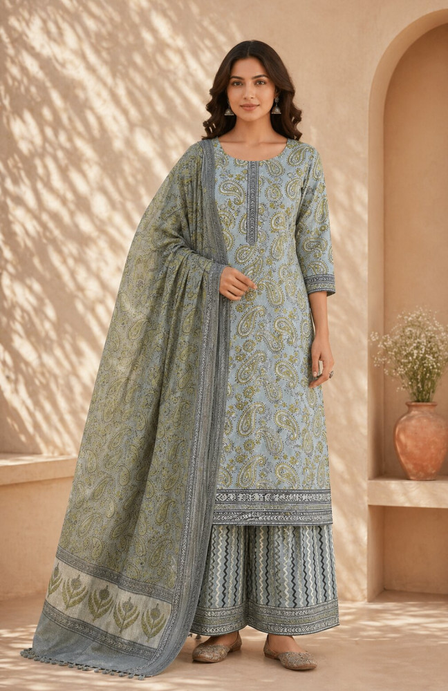 Image of Ajrakh Vanaspati Grey Jaal Cotton Suit Set with Kota Doria Dupatta (3-Piece)