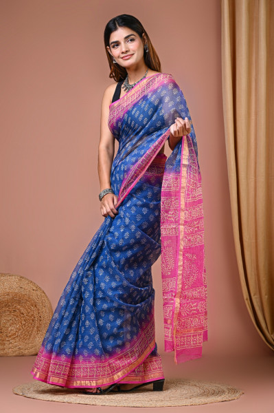 Blue & Pink Hand Block Printed Cotton Kota Sari with Blouse