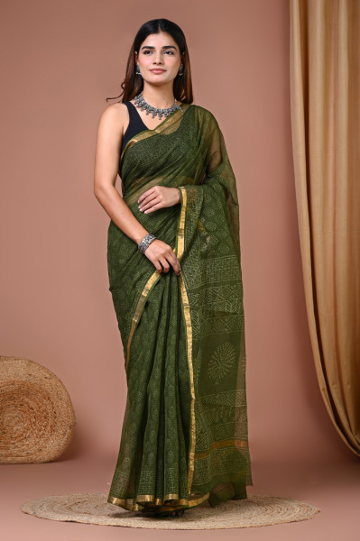 Dark Green Hand Block Printed Cotton Kota Sari with Blouse