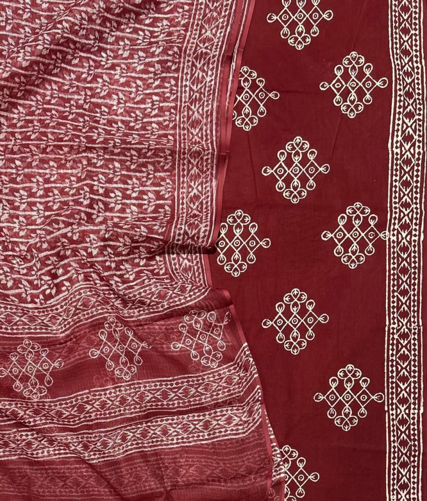 Image of Rust Red Handblock Cotton Suit Set with Paired Kota Doria Dupatta (3-Piece Set)
