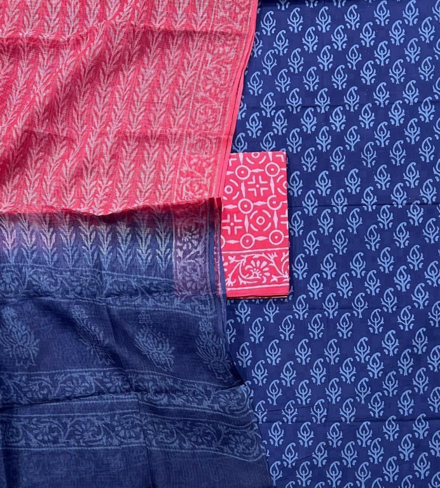 Image of Blue Pink Handblock Cotton Suit Set with Contrast Kota Doria Dupatta (3-Piece Set)