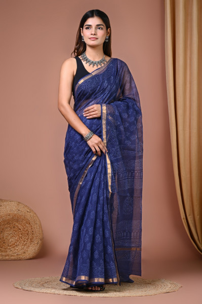 Dark Blue Putaai Hand Block Printed Cotton Kota Sari with Blouse