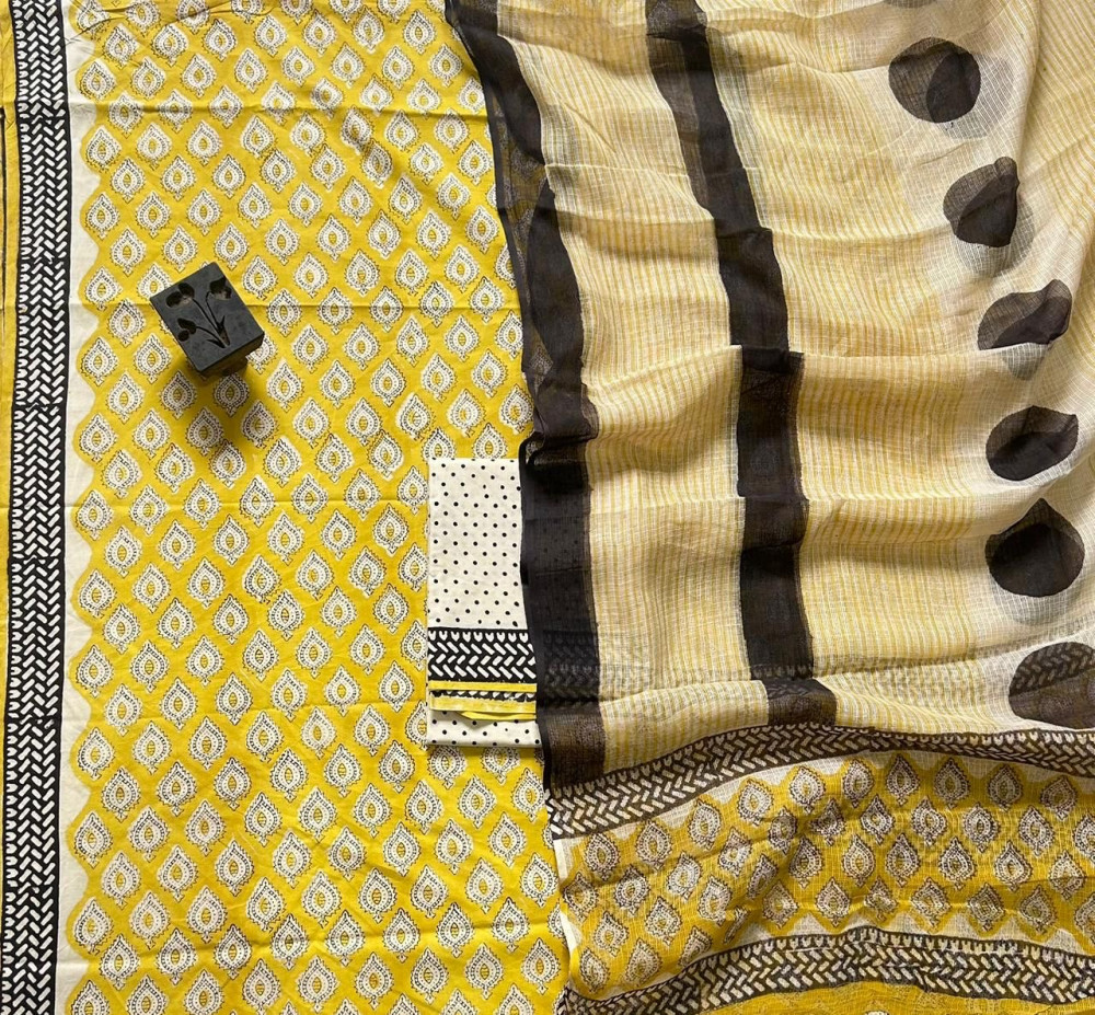 Image of Natural Yellow Handblock Cotton Suit Set with Geometric Kota Doria Dupatta (3-Piece Set)