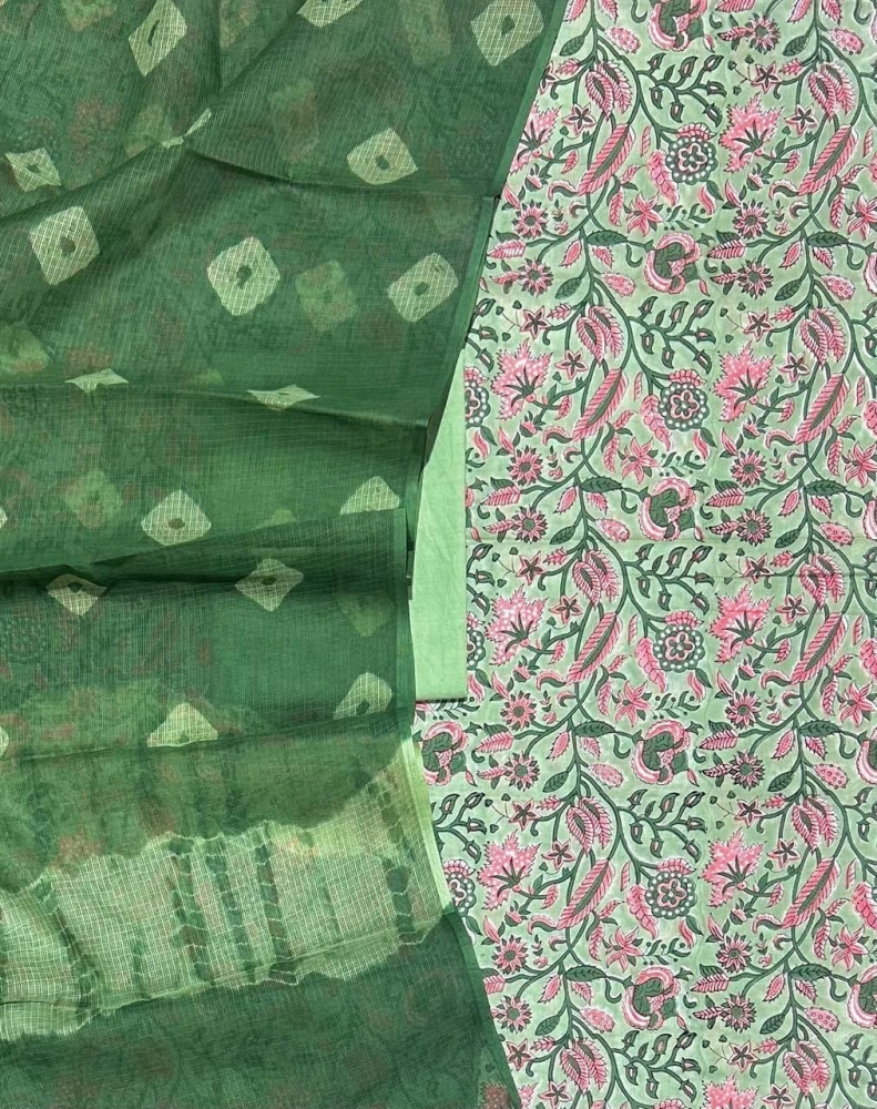 Image of Pink Floral Handblock Cotton Suit Set with Bandhani Kota Doria Dupatta (3-Piece Set)