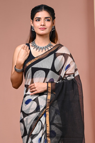Bagru Geometric Hand Block Printed Cotton Kota Sari with Blouse