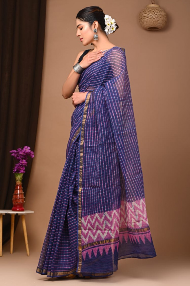 Image of Designed Dabu Hand Block Printed Cotton Kota Sari with Blouse