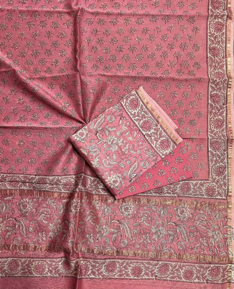 Image of Floral Pink Green Hand Block Print Maheshwari Silk Suit Set with Dupatta