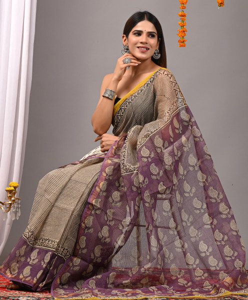 Modern Pallu Purple Hand Block Printed Cotton Kota Sari with Blouse