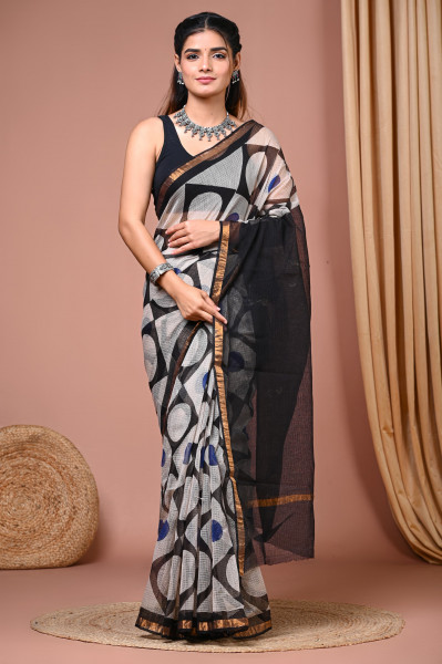 Bagru Geometric Hand Block Printed Cotton Kota Sari with Blouse