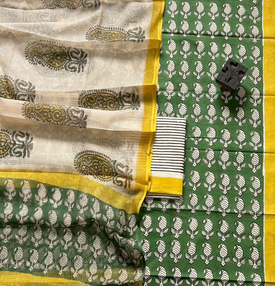 Image of Paisley Handblock Cotton Suit Set with Buta Kota Doria Dupatta (3-Piece Set)