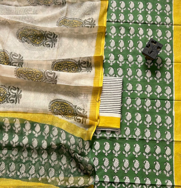 Paisley Handblock Cotton Suit Set with Buta Kota Doria Dupatta (3-Piece Set)