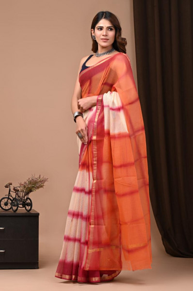 Lehariya Orange Hand Block Printed Cotton Kota Sari with Blouse