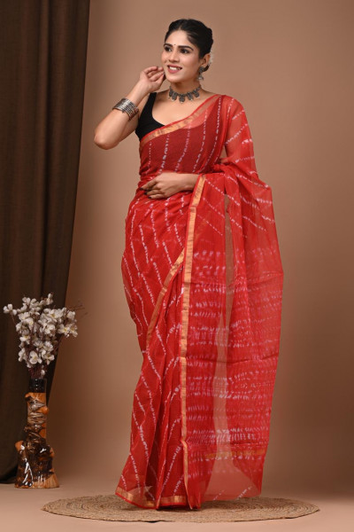 Lehariya Red Hand Block Printed Cotton Kota Sari with Blouse