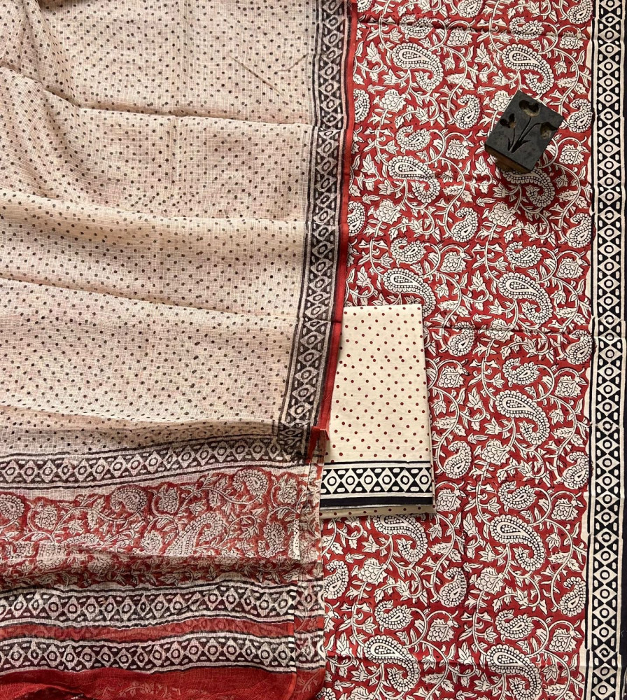 Image of Bagru Jaal Handblock Cotton Suit Set with Geometric Kota Doria Dupatta (3-Piece Set)