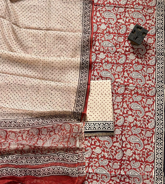 Bagru Jaal Handblock Cotton Suit Set with Geometric Kota Doria Dupatta (3-Piece Set)
