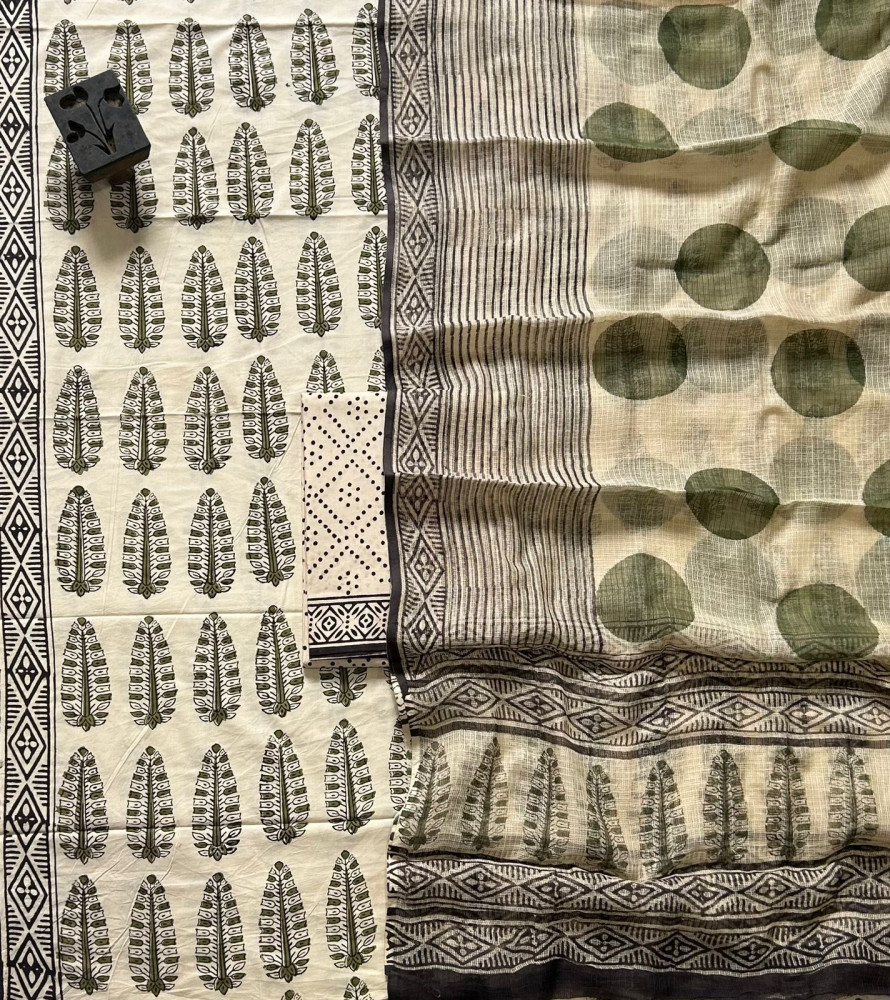Image of Bagru Buta Handblock Cotton Suit Set with Geometric Kota Doria Dupatta (3-Piece Set)