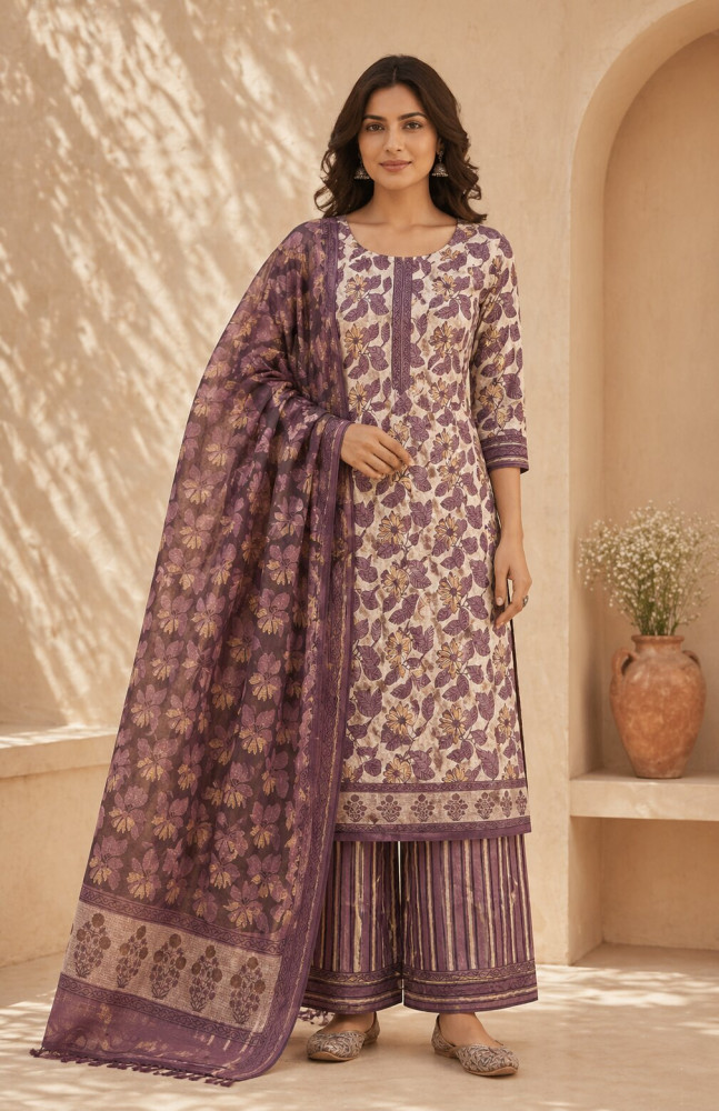Image of Ajrakh Vanaspati Purple Jaal Cotton Suit Set with Kota Doria Dupatta (3-Piece)