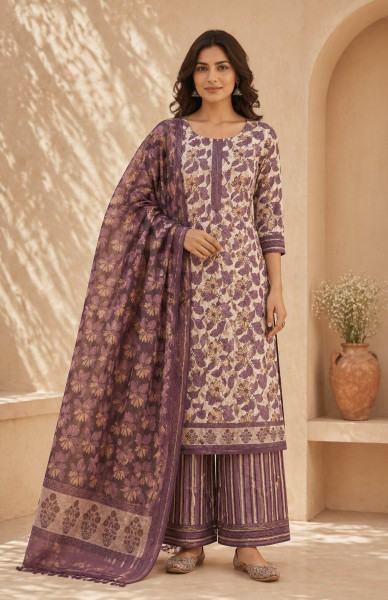 Ajrakh Vanaspati Purple Jaal Cotton Suit Set with Kota Doria Dupatta (3-Piece)