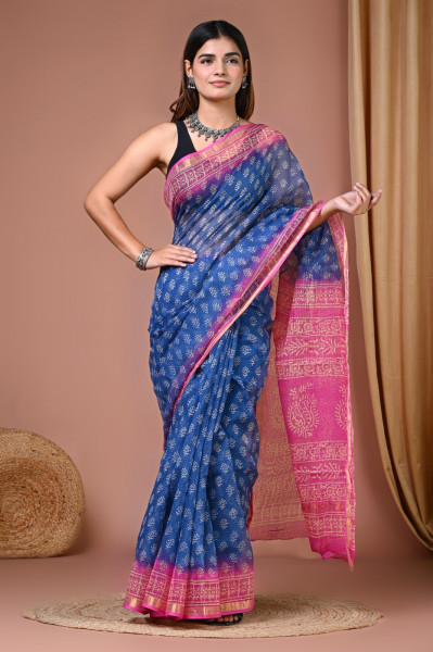 Blue & Pink Hand Block Printed Cotton Kota Sari with Blouse