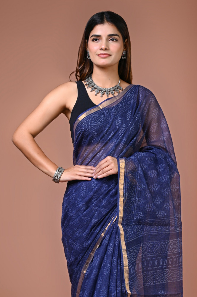 Image of Dark Blue Putaai Hand Block Printed Cotton Kota Sari with Blouse
