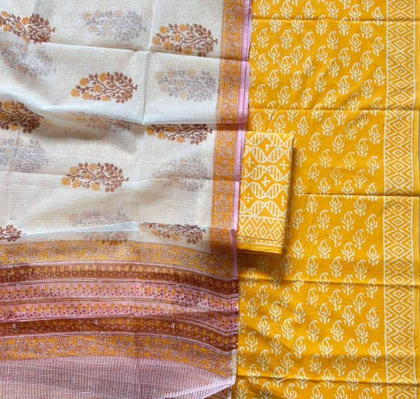 Haldi Booti Handblock Cotton Suit Set with Buta Kota Doria Dupatta (3-Piece Set)