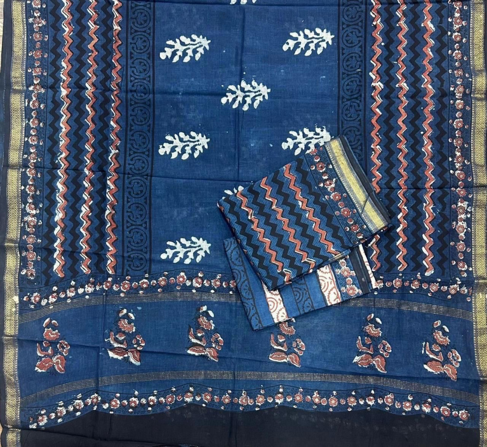 Image of Indigo Lehariya Hand Block Print Maheshwari Silk Suit Set with Dupatta