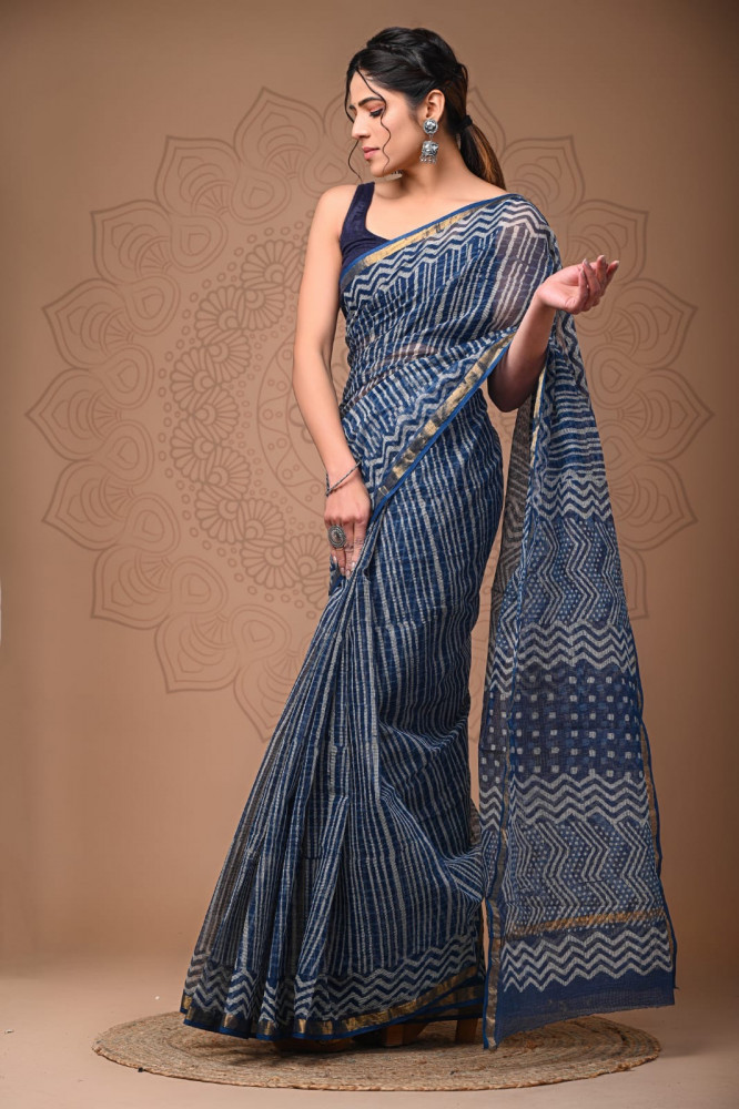 Image of Indigo Blue Hand Block Printed Cotton Kota Sari with Blouse