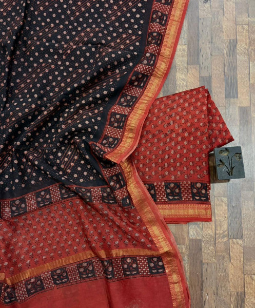 Red & Black Pharad Hand Block Print Maheshwari Silk Suit Set with Dupatta