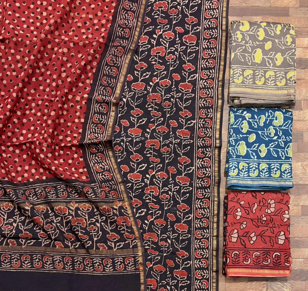 Image of Floral Jaal Hand Block Print Maheshwari Silk Suit Set with Dupatta