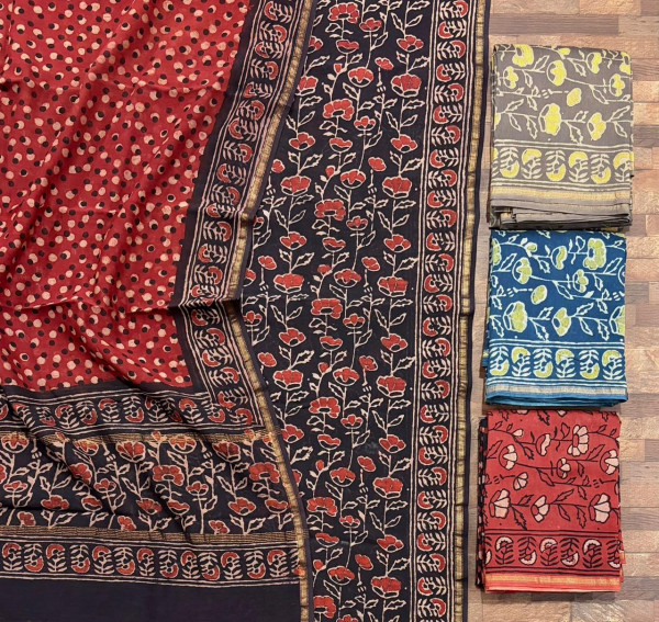 Floral Jaal Hand Block Print Maheshwari Silk Suit Set with Dupatta